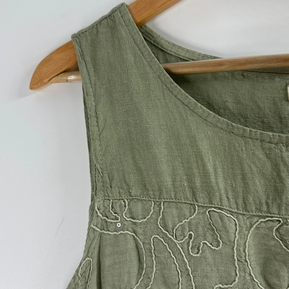 Lana Tomei Linen dress made in Italy sleeveless embroidered sage green classic